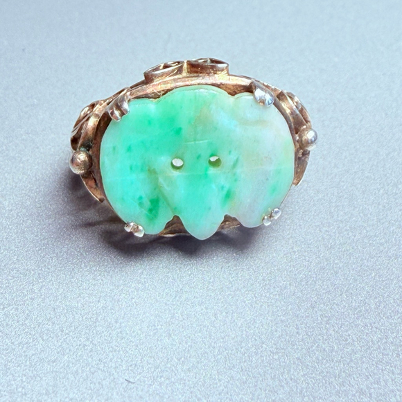 Antique Victorian Carved Moss Jade Jadeite Sterling Silver Gold Vermeil Ring - Picture 1 of 11
